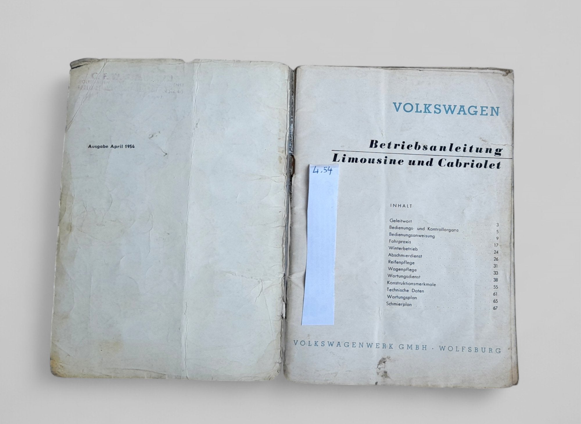 Betriebsanleitung f. Käfer April '54 - Peter Ebeling Ersatzteile