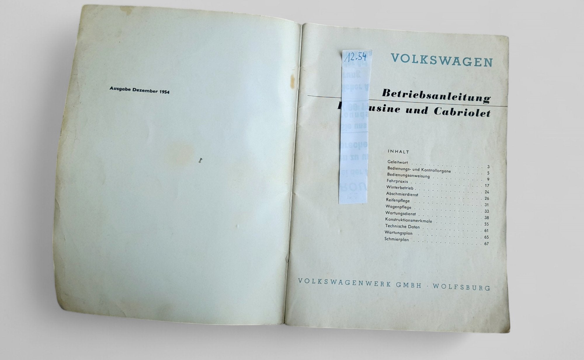 Betriebsanleitung f. Käfer Dezember '54 - Peter Ebeling Ersatzteile