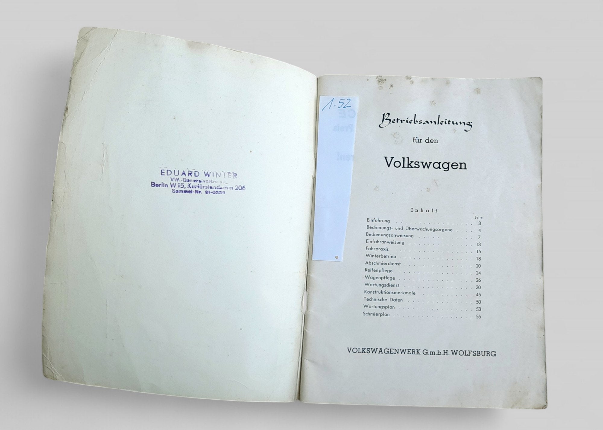 Betriebsanleitung f. Käfer Januar '52 - Peter Ebeling Ersatzteile